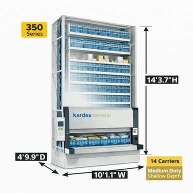 Kardex Megamat 350 Vertical Carousel Modules (VCM) 10' 1.1'' W x 4' 9.9'' D x 14' 3.7'' H - 14 Carrier - Medium Duty Shallow Depth Storage System SMS-806-V159-RS-350.2.2450.5.495.14