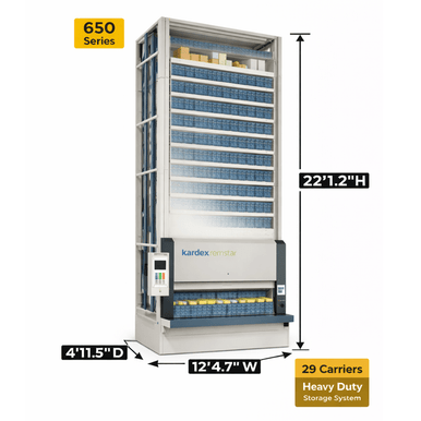 Kardex Megamat 650 Vertical Carousel Modules (VCM) 12' 4.7'' W x 4' 11.5'' D x 22' 1.2'' H - 29 Carrier - Heavy Duty Shallow Depth Storage System SMS-806-V159-RS-650.2.3050.5.406.29