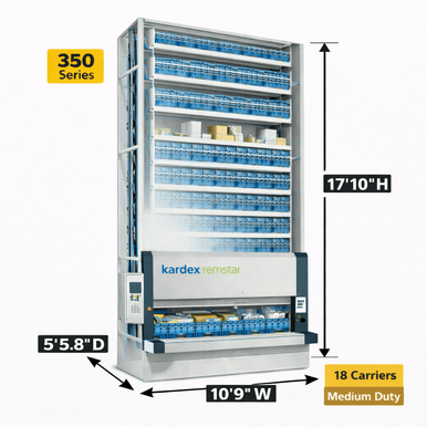 Kardex Megamat 350 Vertical Carousel Modules (VCM) 10' 9'' W x 5' 5.8'' D x 17' 10'' H - 18 Carrier - Medium Duty Storage System SMS-806-V159-RS-350.2.2650.6.495.18