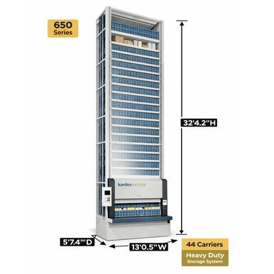 Kardex Megamat 650 Vertical Carousel Modules (VCM) 13' 0.5'' W x 5' 7.4'' D x 32' 4.2'' H - 44 Carrier - Heavy Duty Storage System SMS-806-V159-RS-650.2.3250.6.406.44
