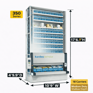Kardex Megamat 350 Vertical Carousel Modules (VCM) 10' 9'' W x 4' 9.9'' D x 17' 6.1'' H - 18 Carrier - Medium Duty Shallow Depth Storage System SMS-806-V159-RS-350.2.2650.5.495.18