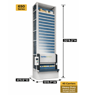 Kardex Megamat 650 Vertical Carousel Modules (VCM) 13' 0.5'' W x 4' 11.5'' D x 32' 9.2'' H - 45 Carrier - Heavy Duty Shallow Depth Storage System SMS-806-V159-RS-650.2.3250.5.406.45