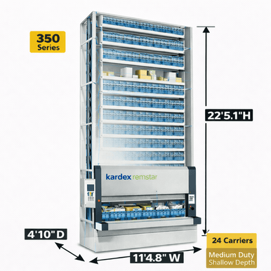 Kardex Megamat 350 Vertical Carousel Modules (VCM) 11' 4.8'' W x 4' 10'' D x 22' 5.1'' H - 24 Carrier - Medium Duty Shallow Depth Storage System SMS-806-V159-RS-350.2.2850.5.495.24