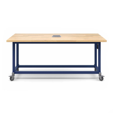 Explorer Maker Table 42 x 84 with Butcher Block Top, Power Unit, Locking Casters - Navy Frame SMS-06-V158-MK1Exxxxx-4284.EN