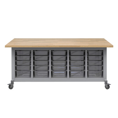 Explorer Maker Table 42 x 84 with Butcher Block Top, Five Bin Storage Modules, Locking Casters - Platinum Frame SMS-06-V158-MK1BBBBN.4284.P2