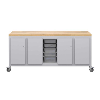 Explorer Cargo Cart 22 x 77 with Butcher Block Top, Double Door Storage, Bin Storage, Locking Casters - Platinum Frame SMS-04-V158-CG2D2BD2.P2