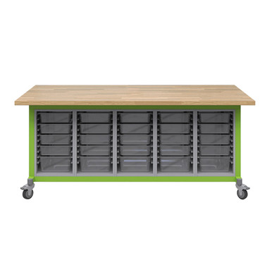 Explorer Maker Table 42 x 84 with Butcher Block Top, Five Bin Storage Modules, Locking Casters - Green Apple Frame SMS-06-V158-MK1BBBBN.4284.GA