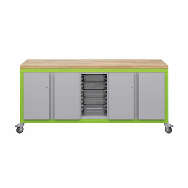 Explorer Cargo Cart 22 x 77 with Butcher Block Top, Double Door Storage, Bin Storage, Locking Casters - Green Apple Frame SMS-04-V158-CG2D2BD2.GA