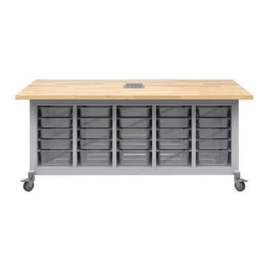 Explorer Maker Table 42 x 84 with Butcher Block Top, Five Bin Storage Modules, Power Unit, Locking Casters - Platinum Frame SMS-06-V158-MK1EBBBBN.4284.P2
