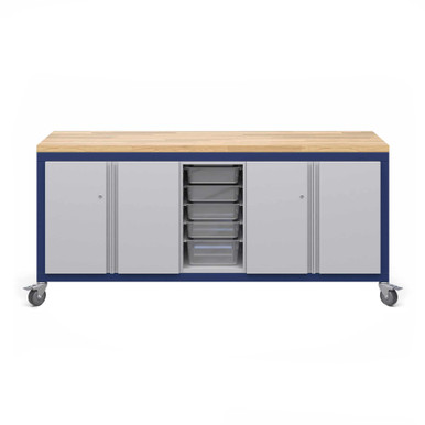 Explorer Cargo Cart 22 x 77 with Butcher Block Top, Double Door Storage, Bin Storage, Locking Casters - Navy Frame SMS-04-V158-CG2D2BD2.EN