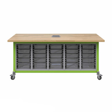 Explorer Maker Table 42 x 84 with Butcher Block Top, Five Bin Storage Modules, Power Unit, Locking Casters - Green Apple Frame SMS-06-V158-MK1EBBBBN.4284.GA