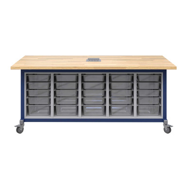 Explorer Maker Table 42 x 84 with Butcher Block Top, Five Bin Storage Modules, Power Unit, Locking Casters - Navy Frame SMS-06-V158-MK1EBBBBN.4284.EN