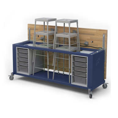 Explorer Rover Table with Butcher Block Retractable Top, Bin Storage, Stools, Locking Casters - Navy Frame SMS-06-V158-RV1SBxxxB.EN