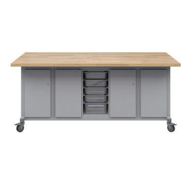 Explorer Maker Table 42 x 84 with Butcher Block Top, Double Door Storage, Bin Storage, Locking Casters - Platinum Frame SMS-06-V158-MK1D2BD2.4284.P2