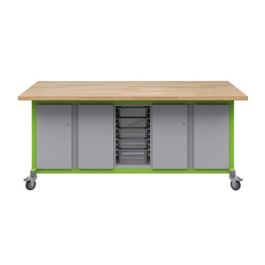 Explorer Maker Table 42 x 84 with Butcher Block Top, Double Door Storage, Bin Storage, Locking Casters - Green Apple Frame SMS-06-V158-MK1D2BD2.4284.GA