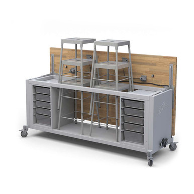 Explorer Rover Table with Butcher Block Retractable Top, Bin Storage, Stools, Power Unit, Locking Casters - Platinum Frame SMS-06-V158-RVISEBxxxB.P2