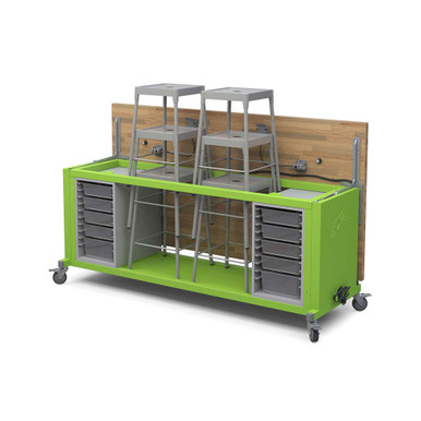 Explorer Rover Table with Butcher Block Retractable Top, Bin Storage, Stools, Power Unit, Locking Casters - Green Apple Frame SMS-06-V158-RVISEBxxxB.GA