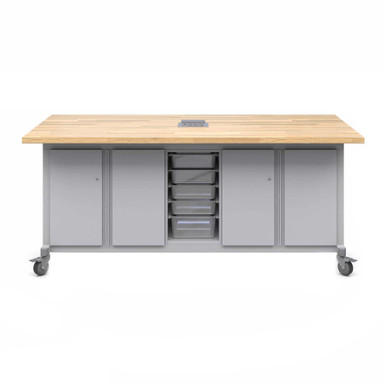 Explorer Maker Table 42 x 84 with Butcher Block Top, Double Door Storage, Bin Storage, Power Unit, Locking Casters - Platinum Frame SMS-06-V158-MK1ED2BD2-4284.P2