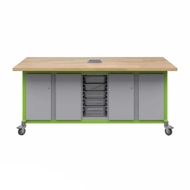 Explorer Maker Table 42 x 84 with Butcher Block Top, Double Door Storage, Bin Storage, Power Unit, Locking Casters - Green Apple Frame SMS-06-V158-MK1ED2BD2-4284.GA