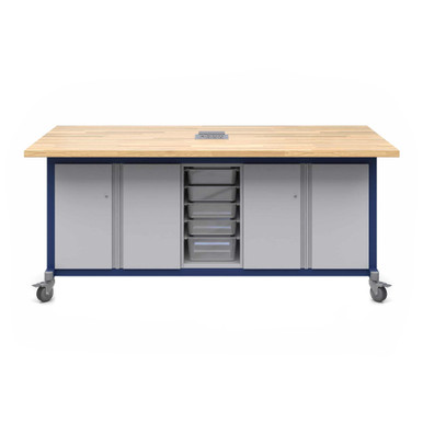 Explorer Maker Table 42 x 84 with Butcher Block Top, Double Door Storage, Bin Storage, Power Unit, Locking Casters - Navy Frame SMS-06-V158-MK1ED2BD2-4284.EN