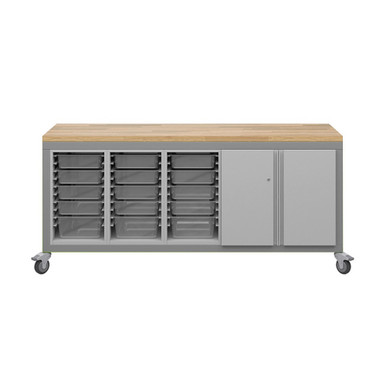Explorer Cargo Cart 22 x 77 with Butcher Block Top, Bin Storage, Double Door Storage, Locking Casters - Platinum Frame SMS-04-V158-CG2BBBD2-2227.P2