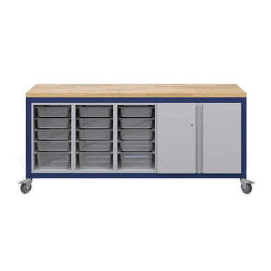 Explorer Cargo Cart 22 x 77 with Butcher Block Top, Bin Storage, Double Door Storage, Locking Casters - Navy Frame SMS-04-V158-CG2BBBD2-2227.EN