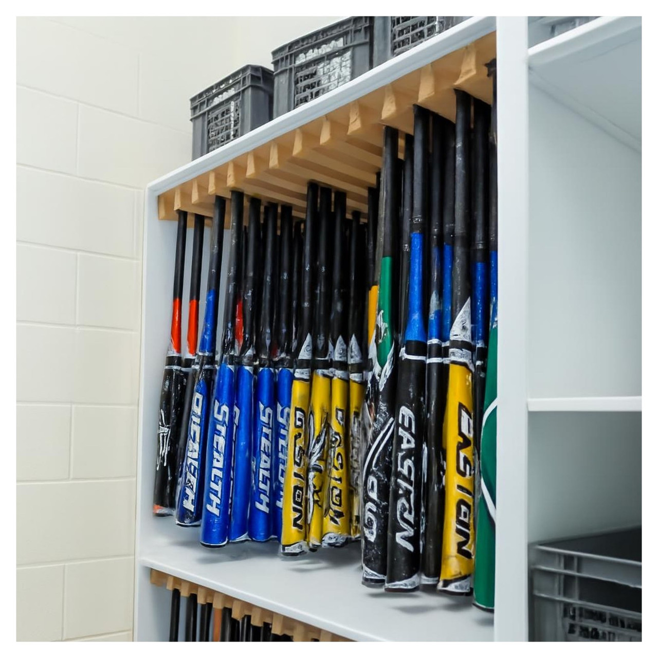 Baseball bats organized in a multi-level storage rack