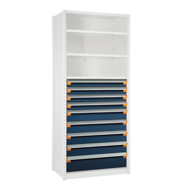 Modular Drawers For Shelving, 48" W x 24" D x 48" H, 9 Drawers, Four 4"H, Four 6"H, One 8"H, Includes Dividers SMS-03-V81-R5LHE-4803