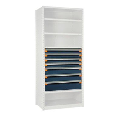 Modular Drawers For Shelving, 36" W x 18" D x 36" H, 7 Drawers, Four 4"H, Two 6"H, One 8"H, Includes Dividers SMS-03-V81-R5LEC-3603