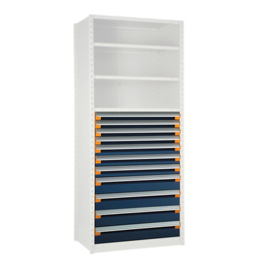 Modular Drawers For Shelving, 48" W x 24" D x 48" H, 11 Drawers, Four 3"H, Three 4"H, Four 6"H, Includes Dividers SMS-03-V81-R5LHE-4807