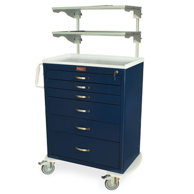 6-Drawer Anesthesia Cart With Key Lock And Adjustable Overhead Shelves, 33" W x 110" D x 37" H, Steel SMS-04-V68-MDS3030K06-MD30-ADJSHLF2-XBAR
