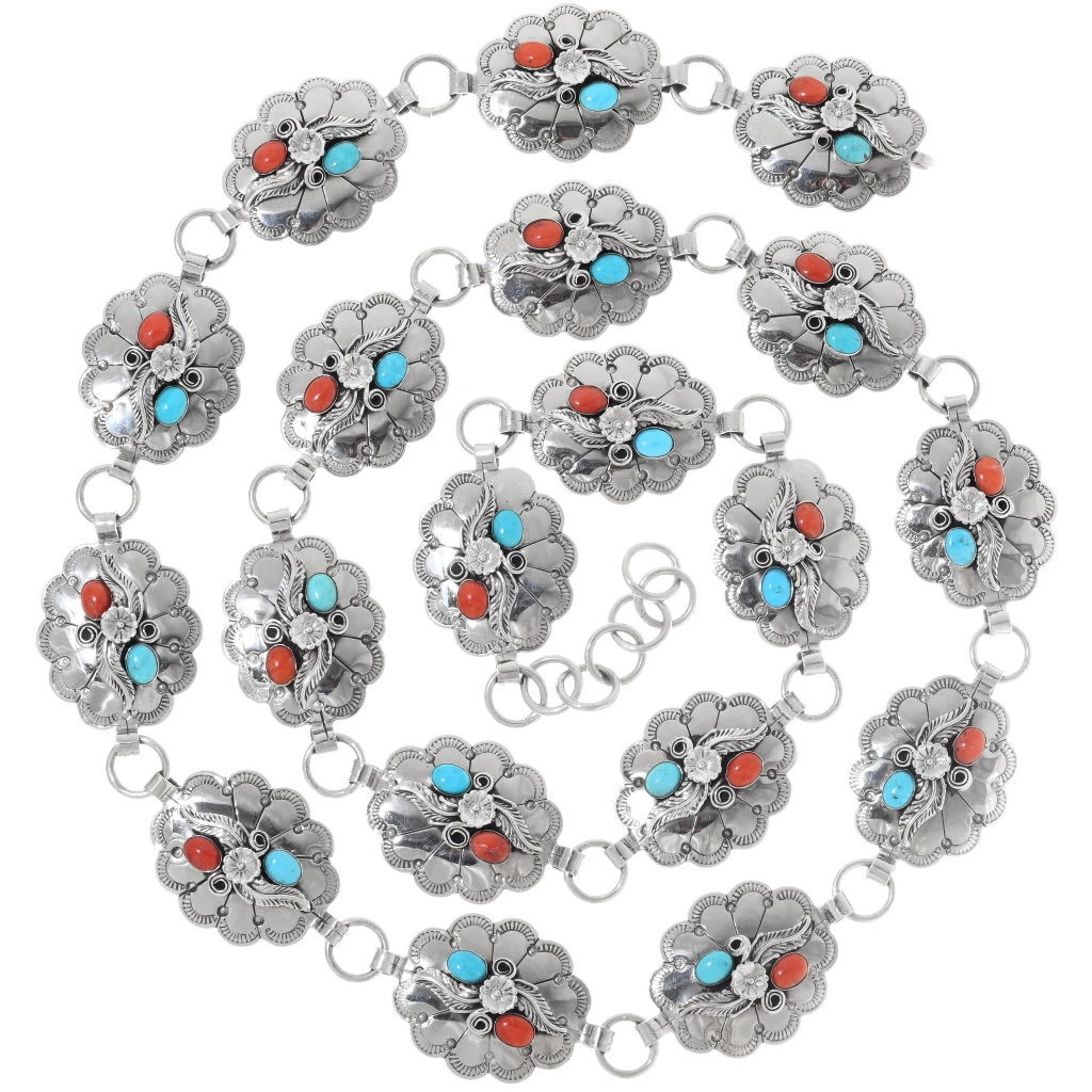 Pretty Navajo Turquoise Coral Silver Concho Belt Adjustable  display picture 2