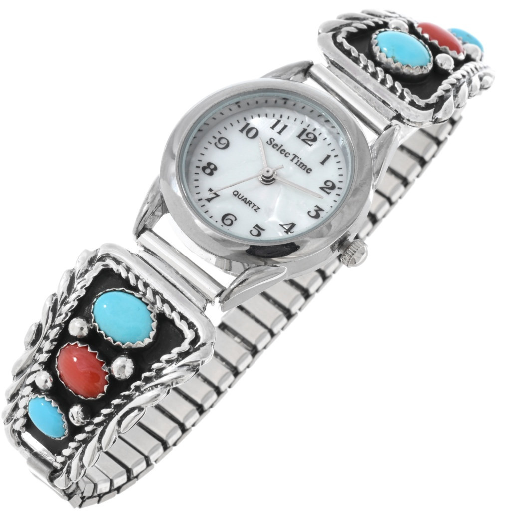 Sterling Silver Southwestern Beaded Dangle Watch Band Bracelet - Red, Turquoise, Navajo Sterling Silver, Turquoise, and Coral Bracelet by  main image 2