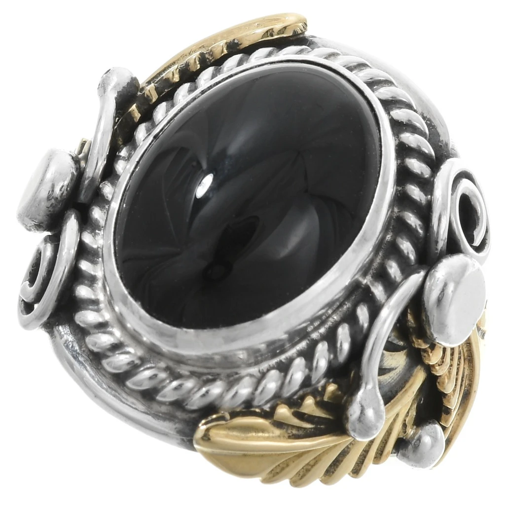 Big Boy Black Onyx Native American Silver Gold Mens Ring 22572