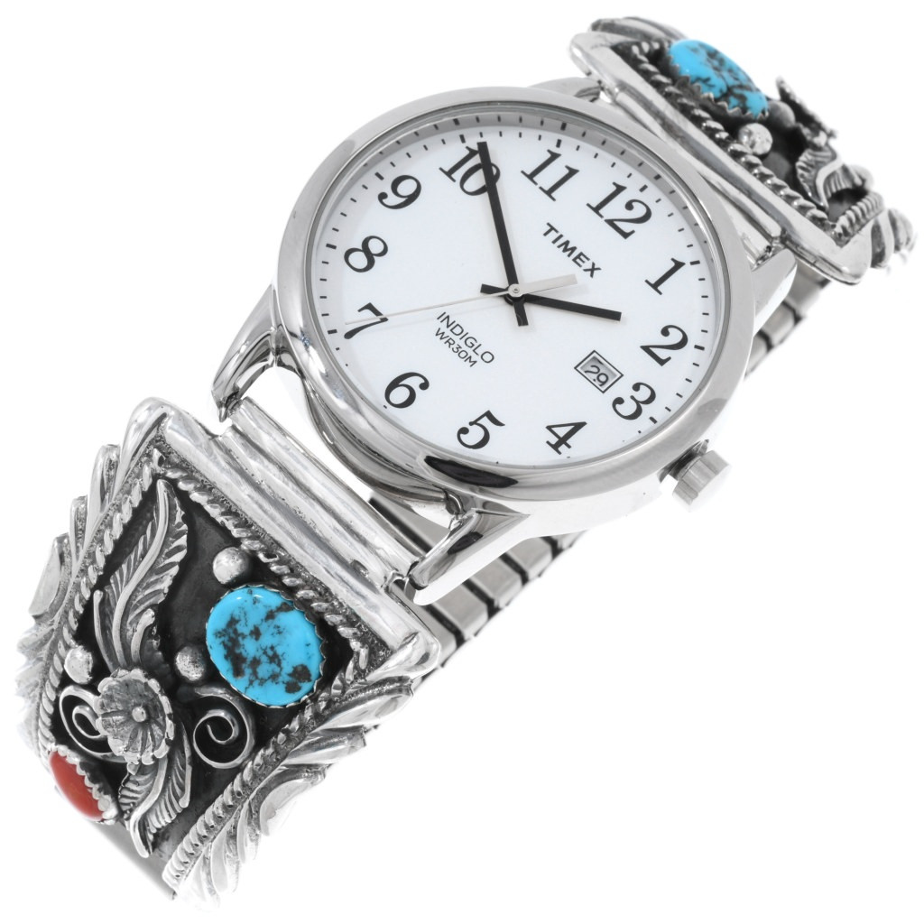 Handsome Sterling Southwest Turquoise Coral Mens Watch 28950