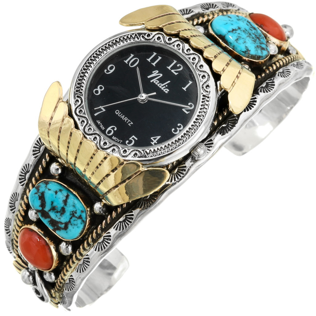 Market Square Jewelers Navajo Turquoise Coral Watch Band Cuff