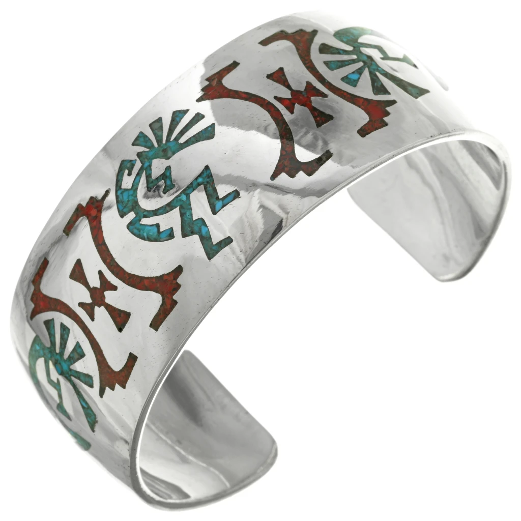 Kokopelli Inlaid Turquoise Coral Silver Cuff Sterling Navajo