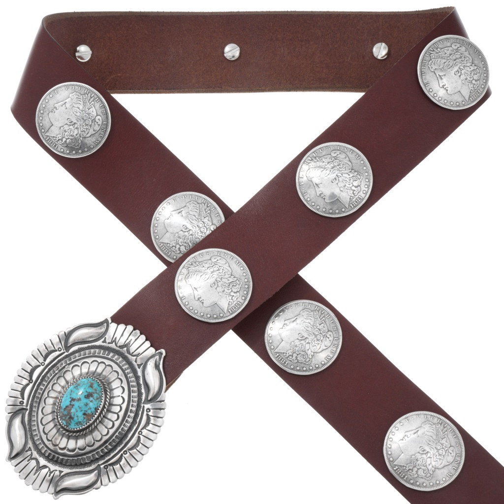 Navajo Morgan Silver Dollar Turquoise Concho Belt Genuine Leather