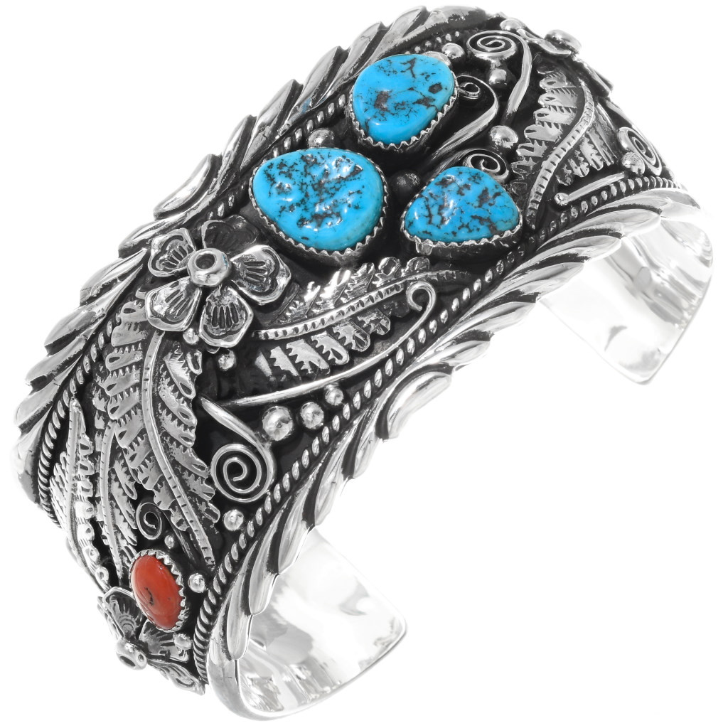 Market Square Jewelers Navajo Turquoise Coral Sterling Silver Watch Band Cuff