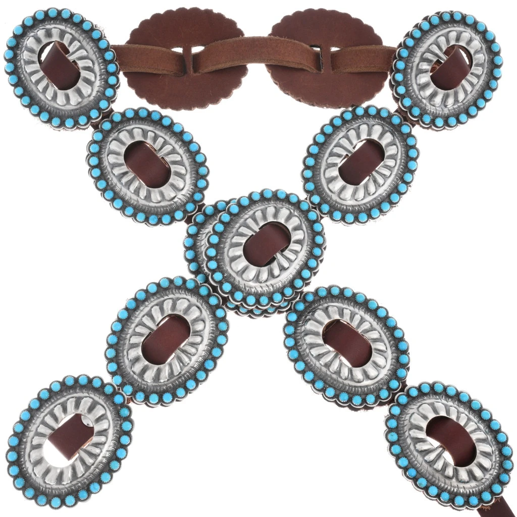 Navajo Sleeping Beauty Turquoise Sterling Silver Concho Belt  display picture 1