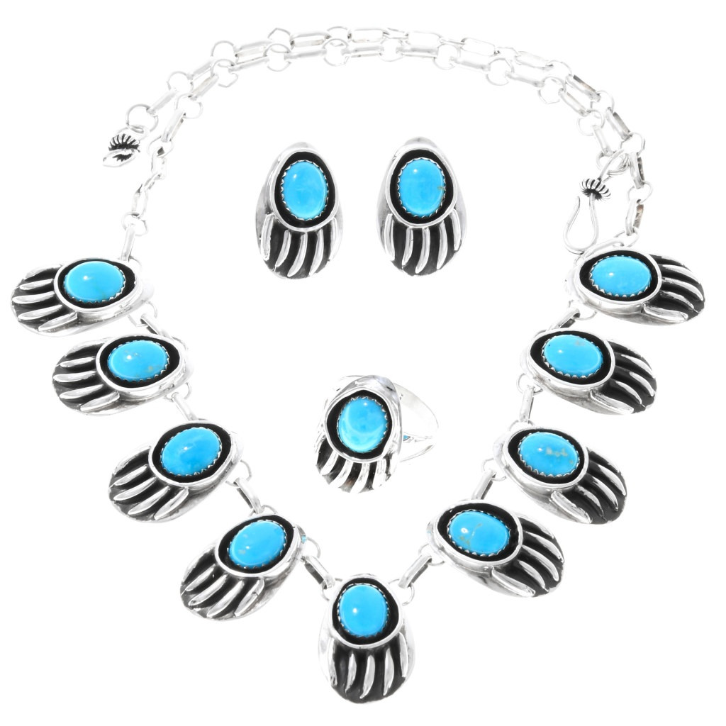 Pretty Navajo Turquoise Silver Bear Paw Necklace Set 26280