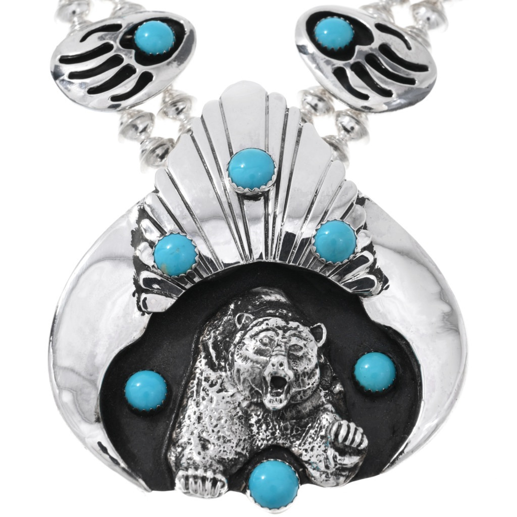 Navajo Turquoise Silver Bear Paw Squash Blossom Necklace Set Sterling 28595