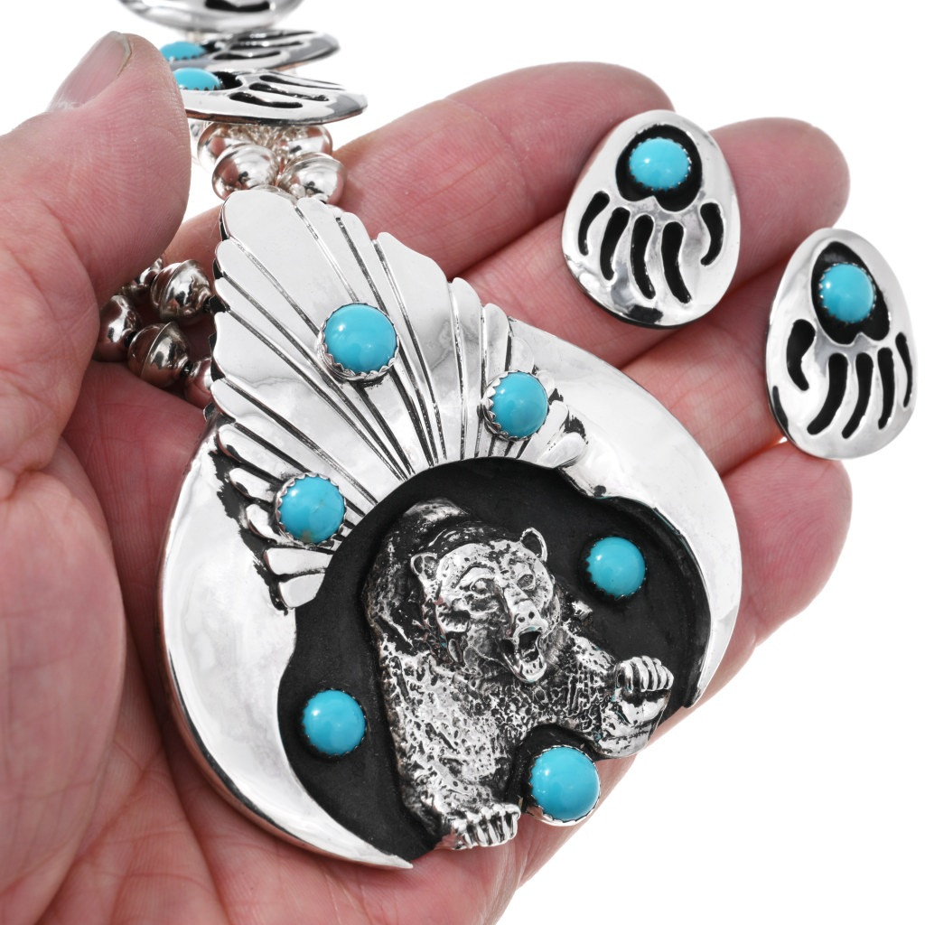 Navajo Turquoise Silver Bear Paw Squash Blossom Necklace Set Sterling 28595
