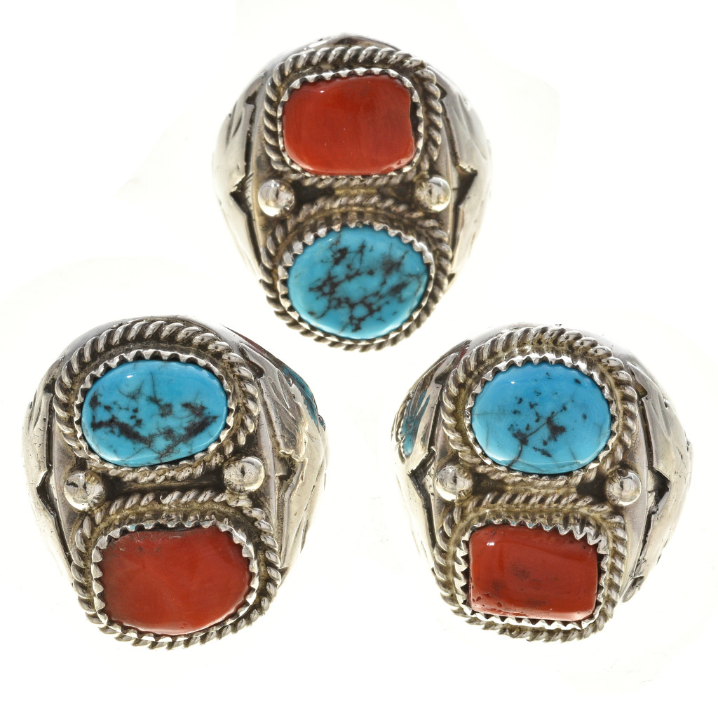 Turquoise Coral Silver Mens Navajo Ring Sterling Thunderbird 30127