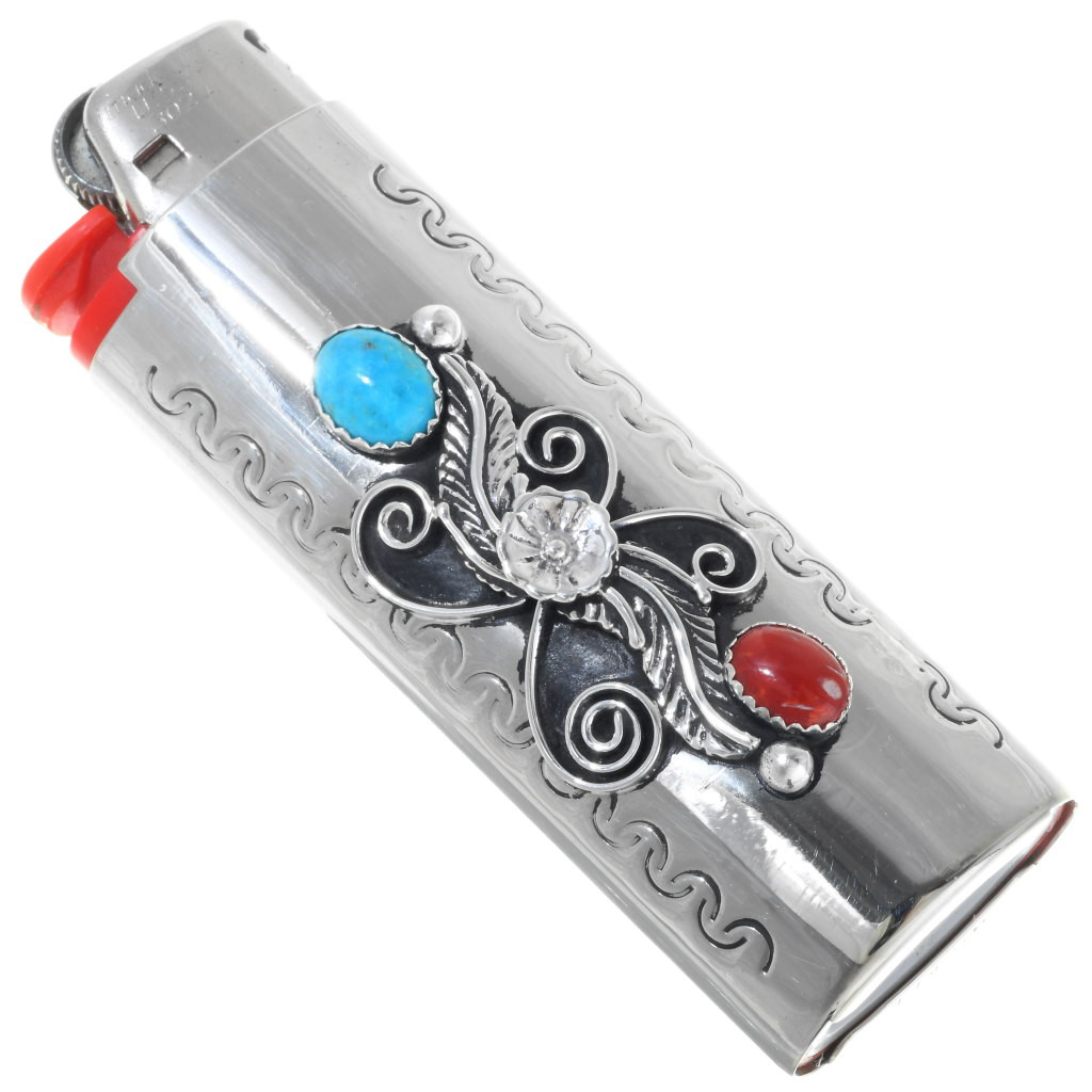 Great Gift! Navajo Turquoise Coral Silver Lighter Case 23059