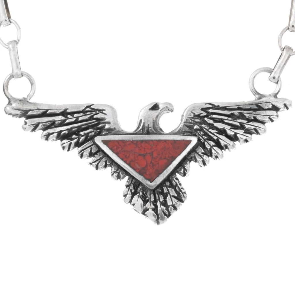 Navajo Inlaid Coral Silver Eagle Pendant Sterling Link Necklace 30787