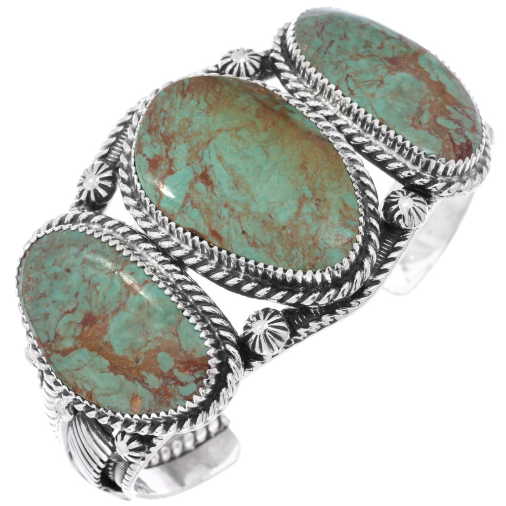 Three Stone Navajo Turquoise Silver Cuff Unisex Sterling Bracelet