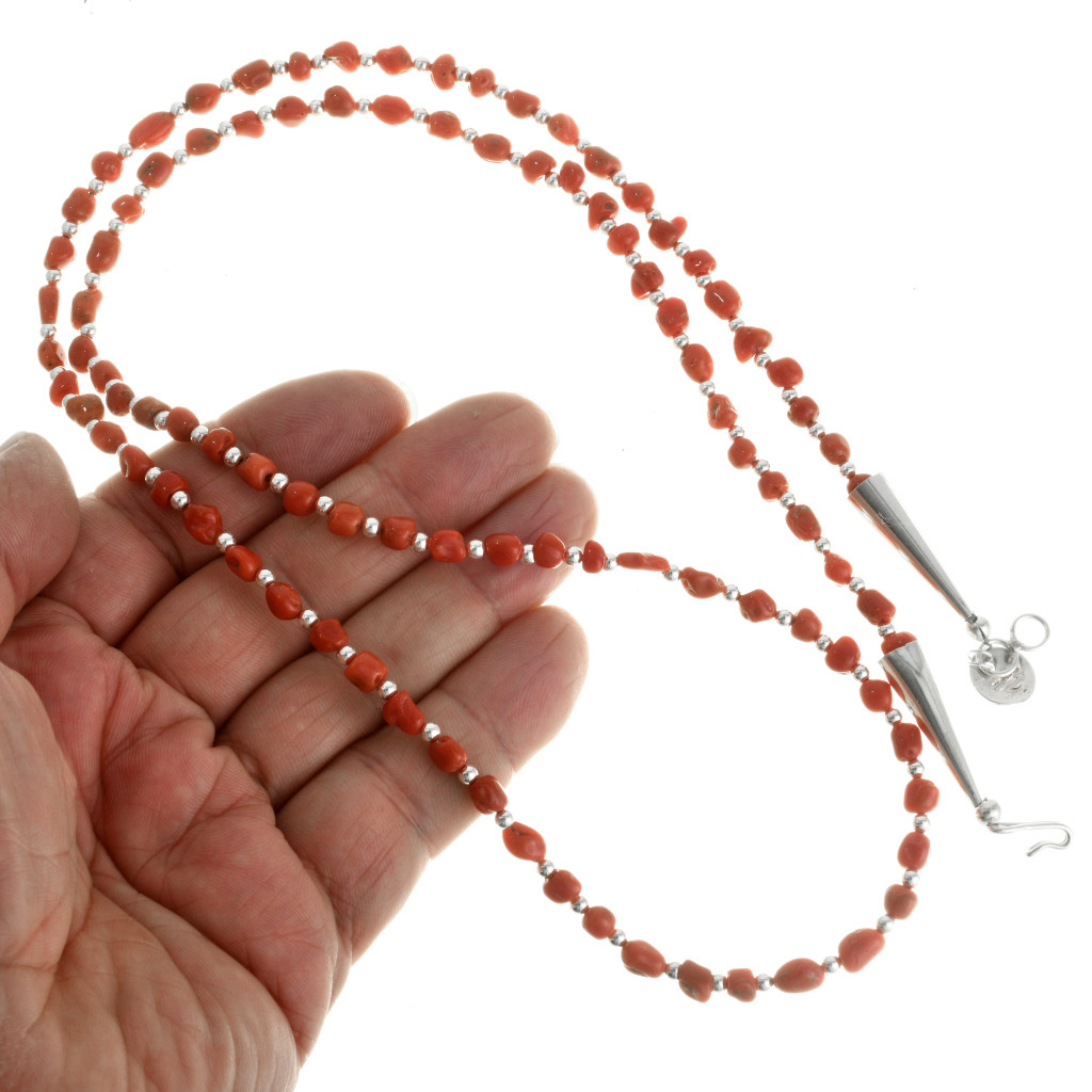 Fiery Red Coral Silver Bead Navajo Necklace 32