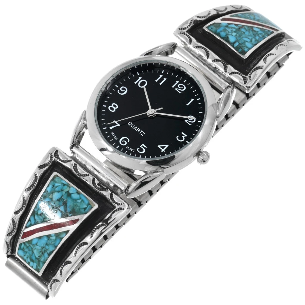 Navajo Inlaid Turquoise Coral Silver Mens Watch Sterling slant