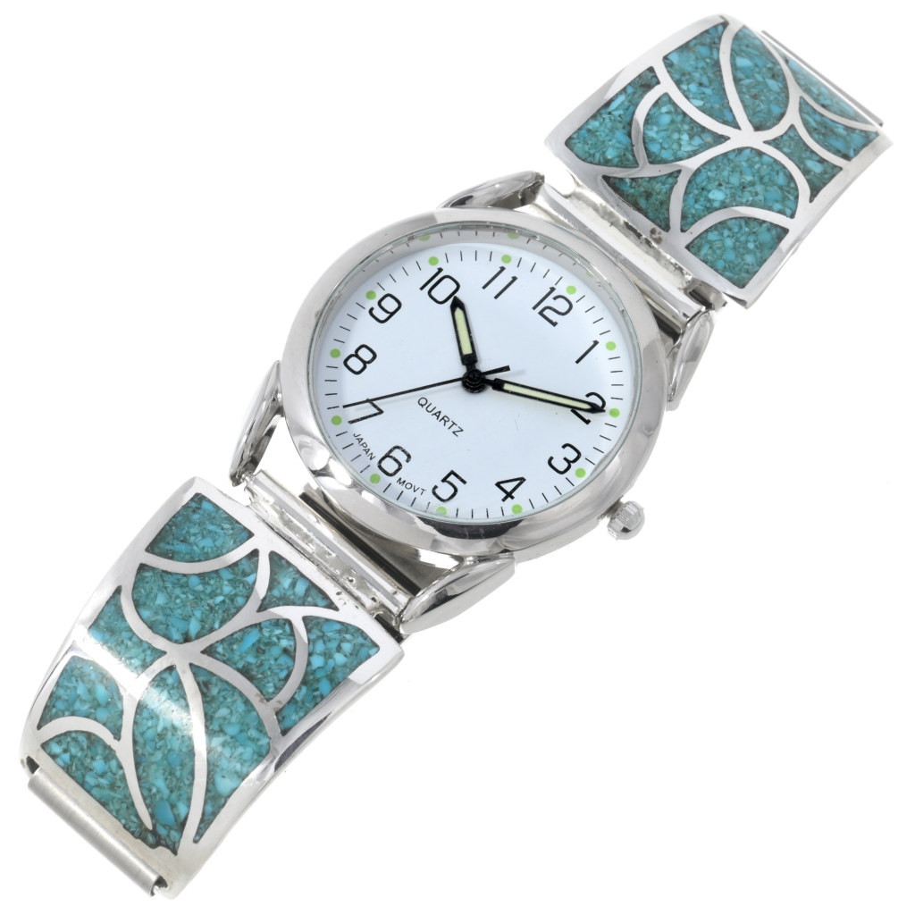 Navajo Inlaid Turquoise Silver Mens Watch Sterling Zuni Style Tips